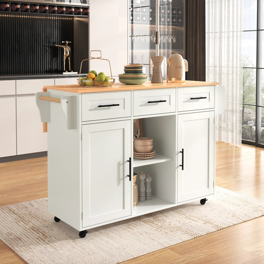 Carrello da Cucina con 3 Cassetti; 3 Scomparti; Piano Ribaltabile; Portasciugamani e Ruote 139x46x91;5 cm