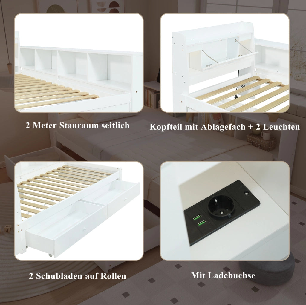 Letto singolo 90x200 cm bianco con luci, presa e cassetti