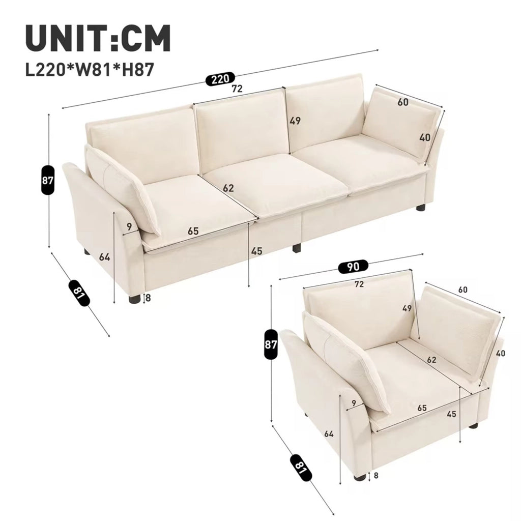 Set divani modulare 3+1+1 in ciniglia beige con divano 3 posti e 2 poltrone