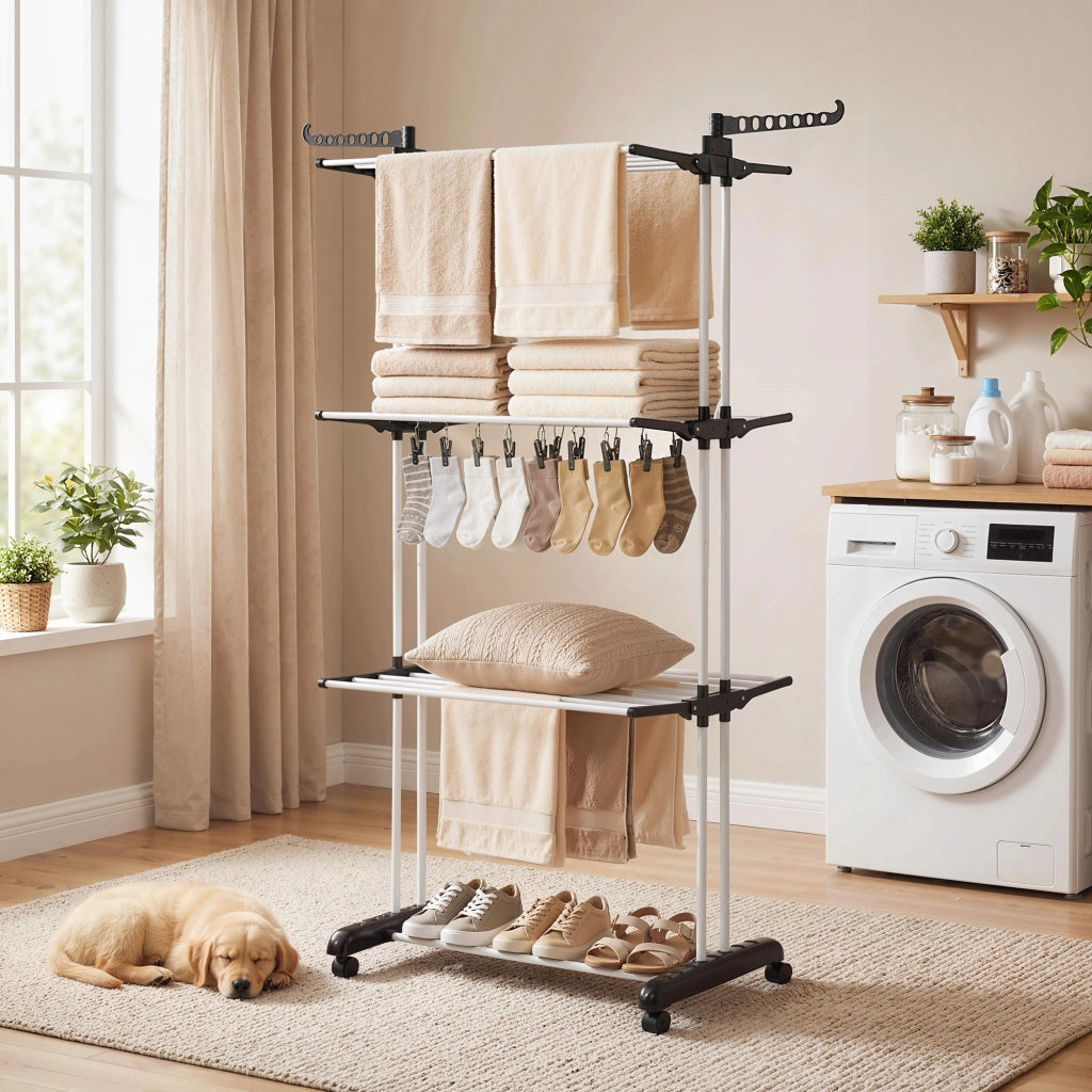 Stendibiancheria Pieghevole con Rotelle 3 Livelli ¨C zephmum ¨C 73x64x172 cm Nero e Bianco