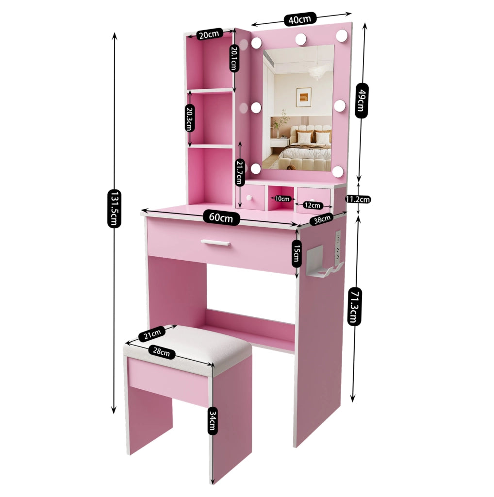 Toeletta con specchio LED, presa, cassetti e sgabello imbottito rosa