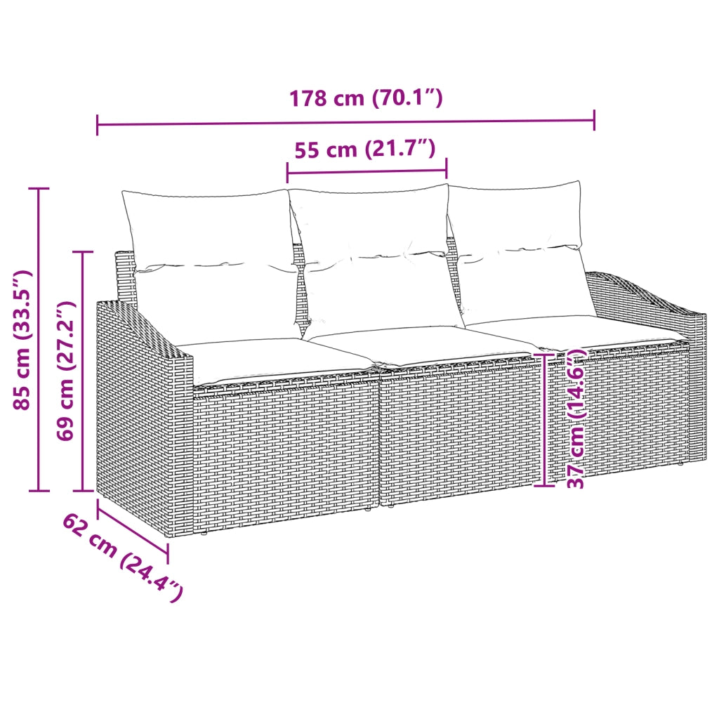 Set di Divani da Giardino 3 Pezzi con Cuscini Rattan Polyrattan Nero
