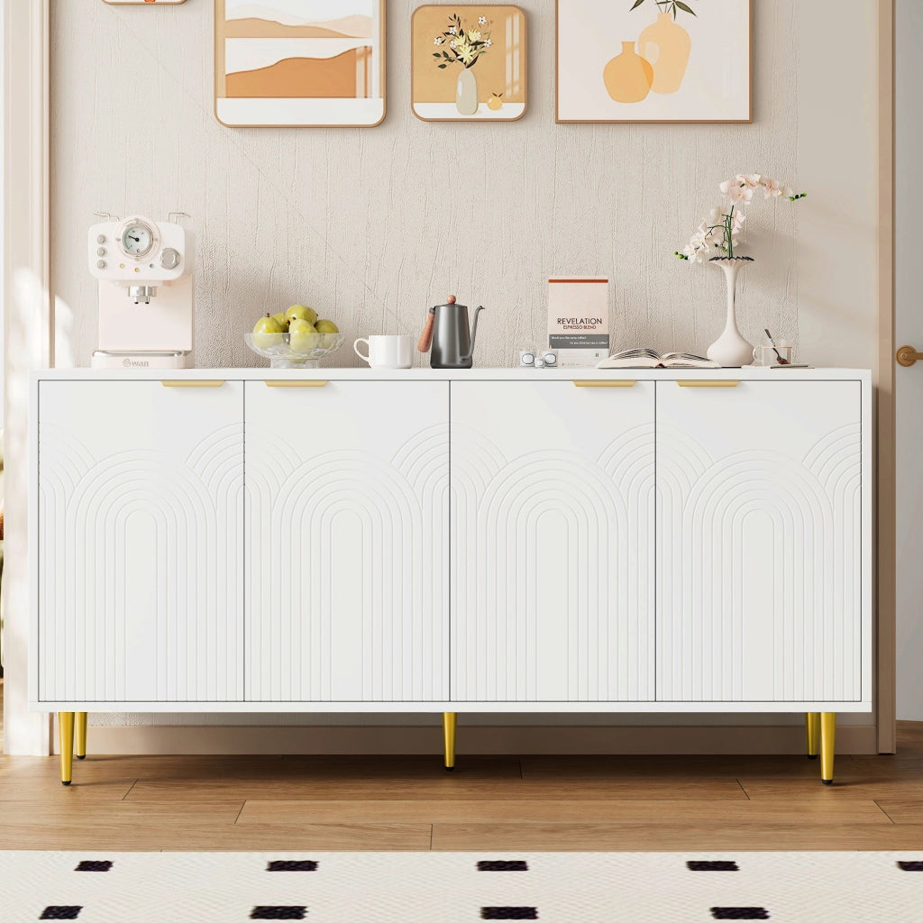 Credenza soggiorno bianca 4 ante con maniglie e dettagli oro, 160x40x80 cm, ripiani regolabili