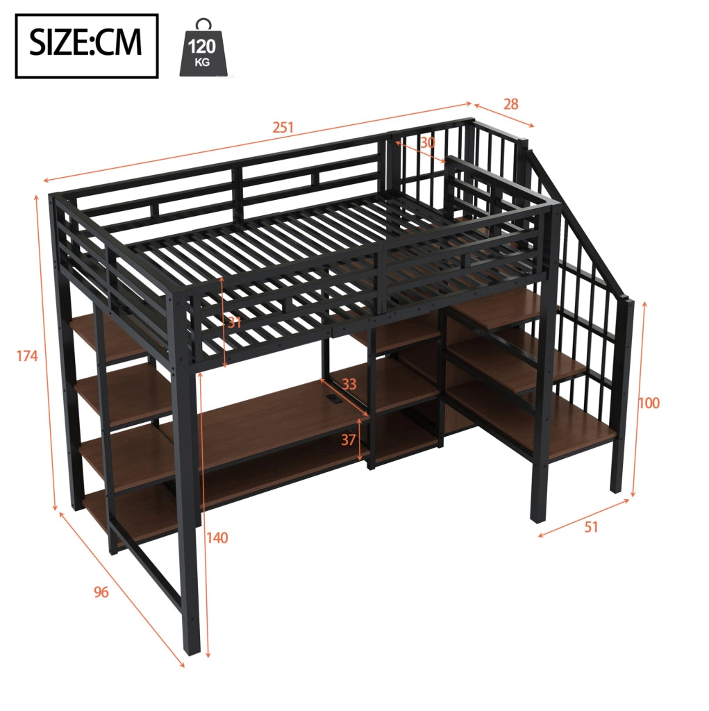Letto a soppalco 90x200 cm nero con supporto TV e presa