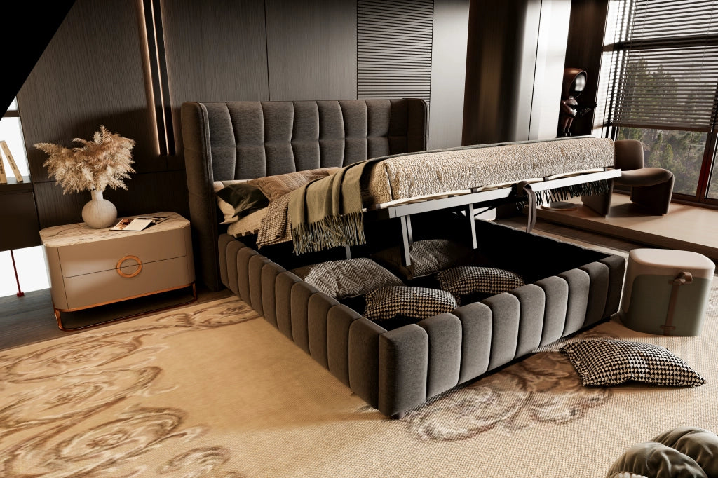 Letto contenitore 180 × 200 cm con sollevamento, senza materasso, per adulti, in tessuto e metallo, grigio