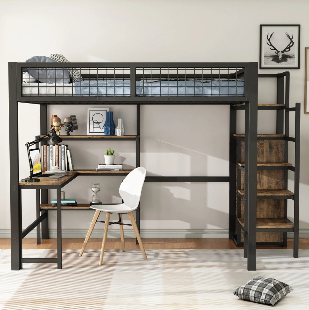 Letto a soppalco 140x200 cm; scrivania e armadio; MDF e metallo; nero e marrone (Senza materasso)