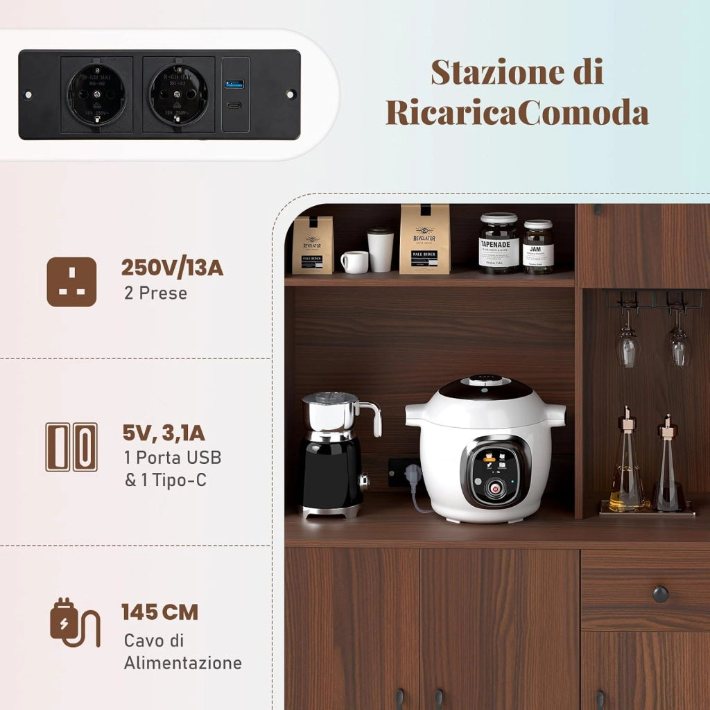 Credenza Alta da Cucina con 5 Ante e Cassetto, Armadio Dispensa da Cucina con Presa Elettrica, Mobile Cucina con Ripiani Regolabili per Sala da Pranzo e Soggiorno, 90 x 39 x 167 cm (Noce)