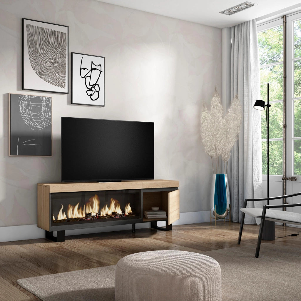 Mobile TV Soggiorno, 158x35x57cm, Per TV fino a 65", Camino elettrico XXL, Design industriale, colore Rovere RF3251