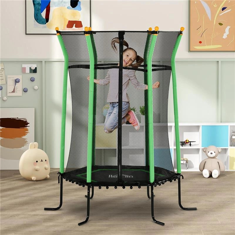 TRAMPOLINO ELASTICO PER BAMBINI 3-10 ANNI CON INGRESSO A CERNIERA E PALI IMBOTTITI, Ï163.5X190 CM, VERDE
