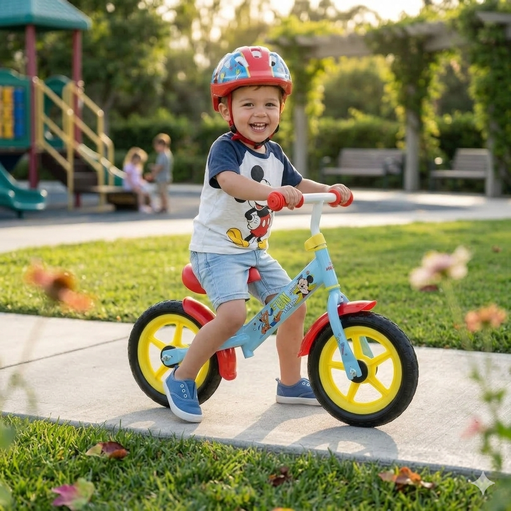 Balance Bike Bicicletta Senza Pedali per Bambini 12" Licenza Disney Mickey Azzurro e Rosso