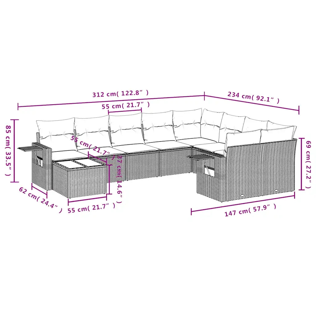 Set Divani da Giardino 10pz con Cuscini in Polyrattan Marrone