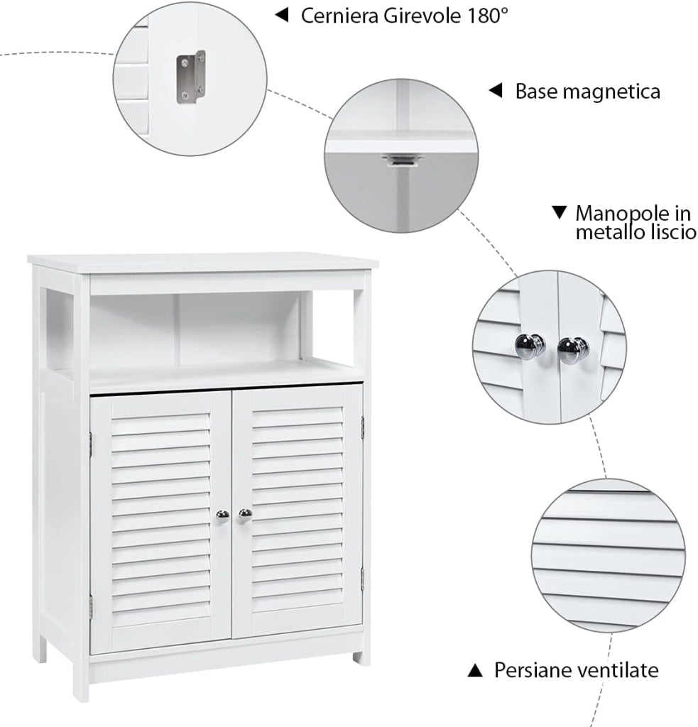 Armadietto del Bagno, Armadietto di Legno con Doppie Ante a Persiana e Mensola Regolabile, Armadio per Bagno Salone Camera da Letto (Bianco)
