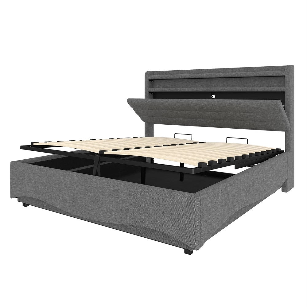 Letto Imbottito Contenitore con LED ¨C MINIMAL ¨C Tessuto Grigio 140x200 Idraulico