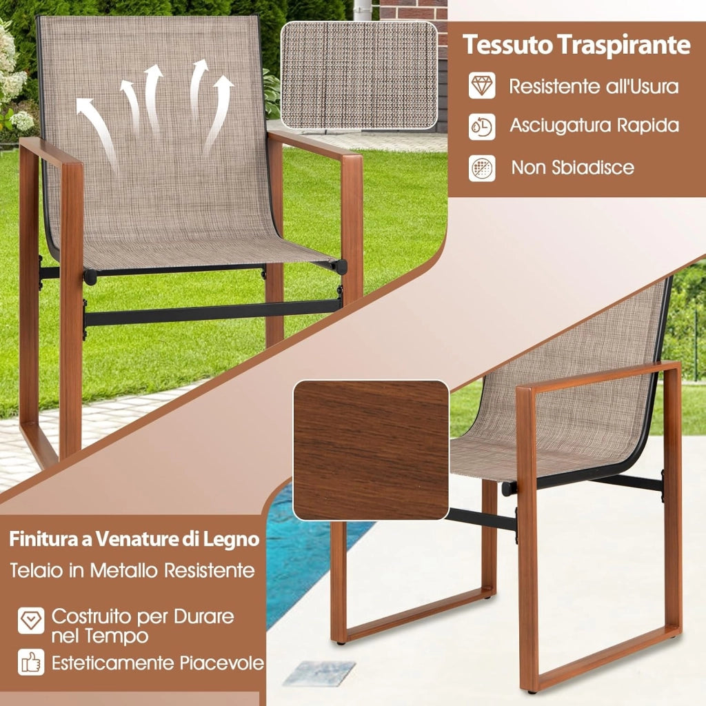 Set di 2 Sedie da Pranzo da Esterno, Sedia da Patio con Seduta e Schienale Traspiranti, Braccioli Larghi, Telaio in Metallo, per Cortile, Veranda, Giardino, Portata 150 kg (Caffè)