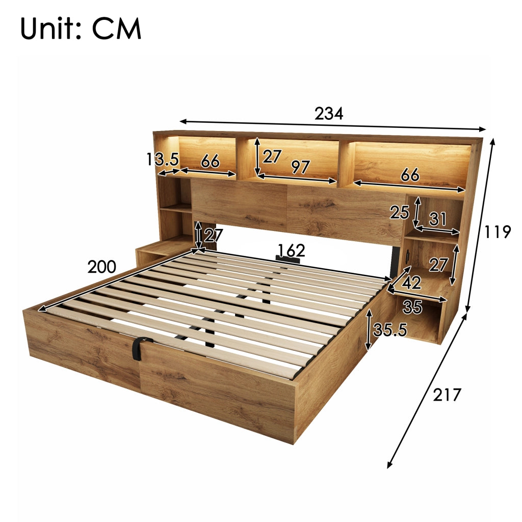 DESMIU Lit coffre 160 × 200 cm 2 posti con LED, USB-A e USB-C, ripiani, senza materasso, in legno, rovere