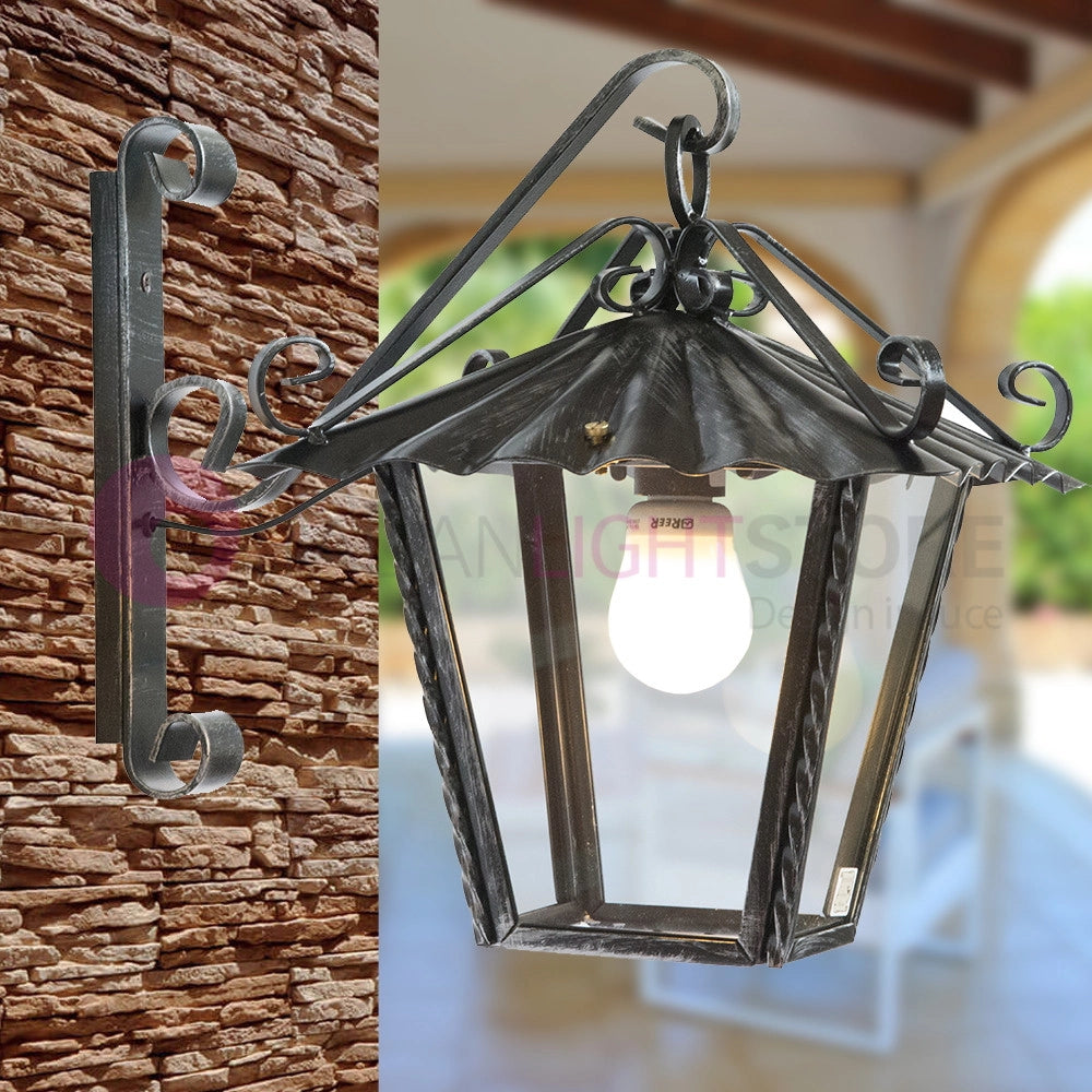UMBRIA Lanterna Quadrata L. 25 da Parete Ferro Battuto Design Rustico