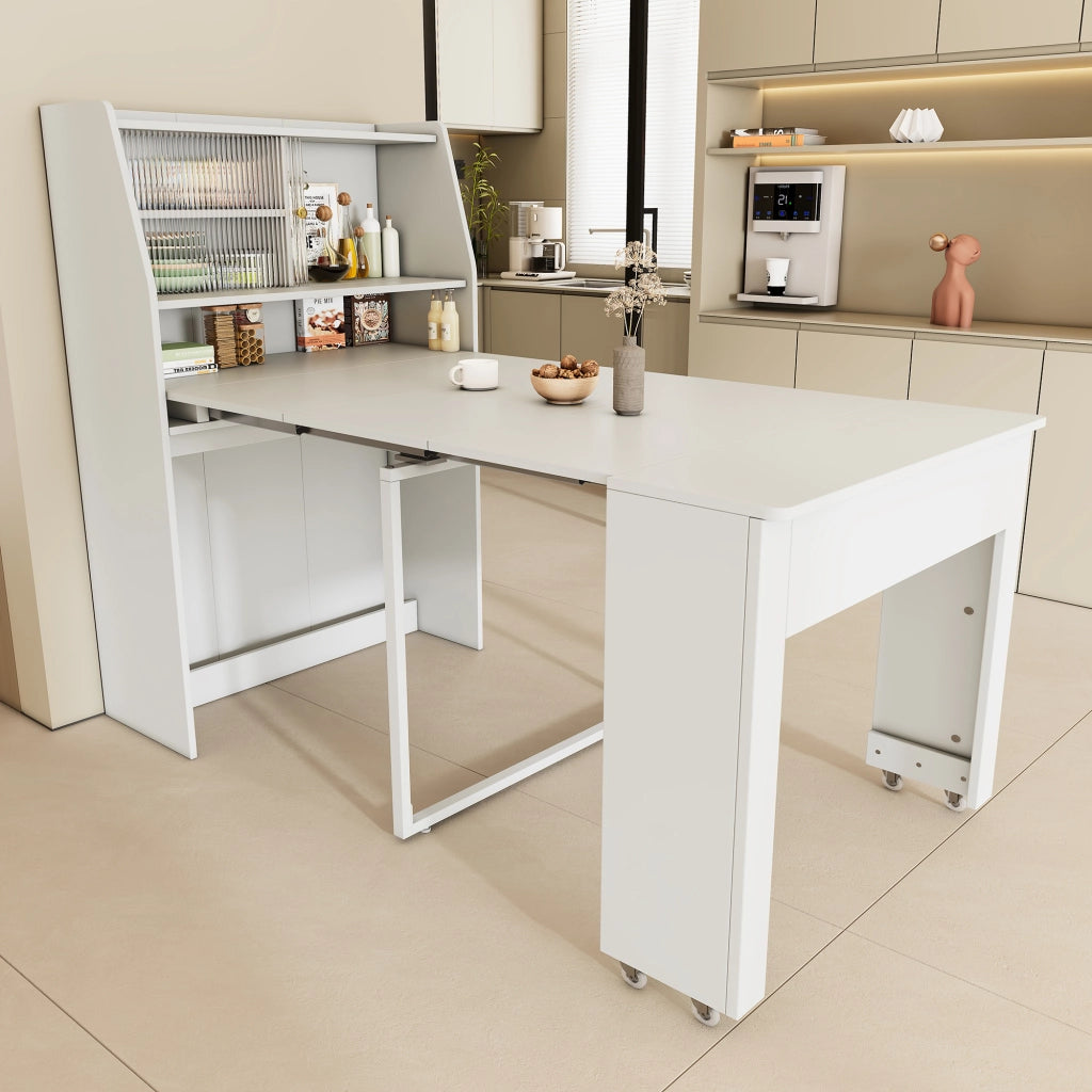 Tavolo da pranzo allungabile con vano contenitore e ripiani, per sala da pranzo, in truciolare e vetro, bianco