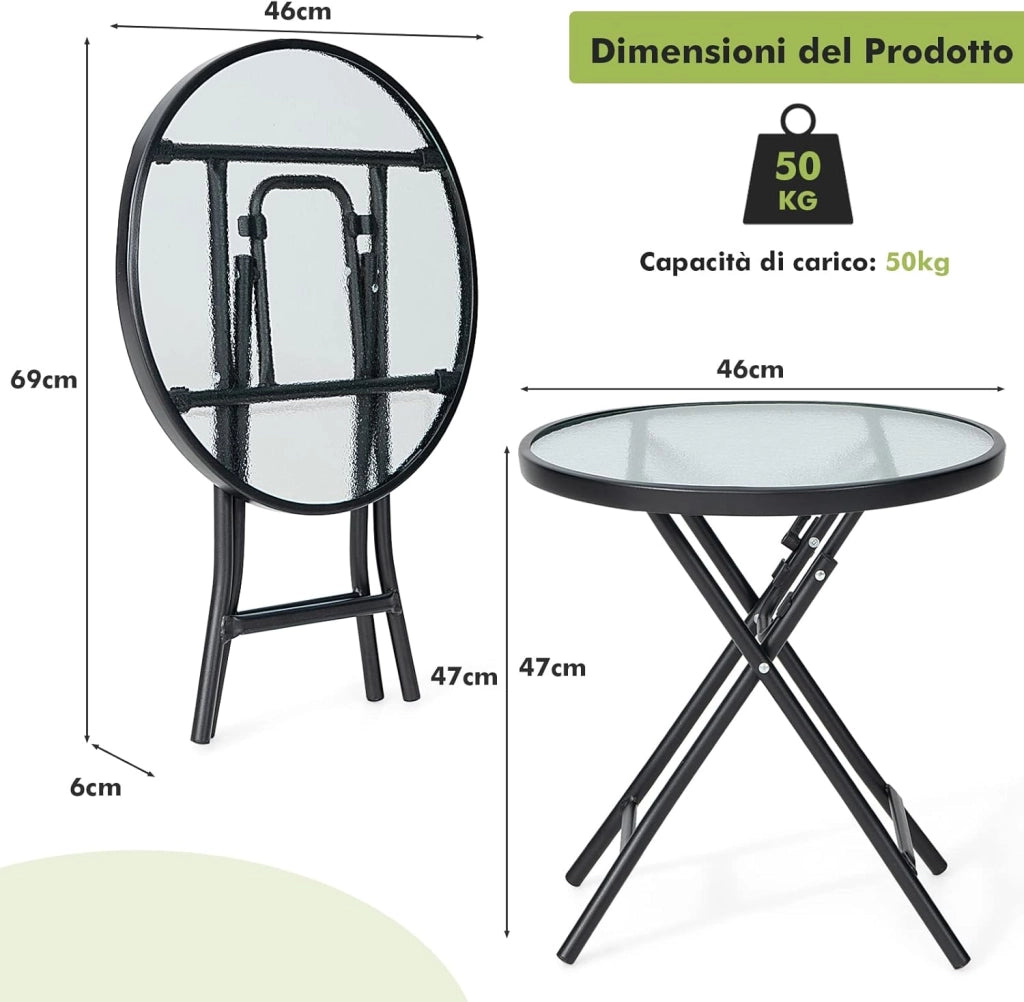 Tavolo Rotondo da Giardino, Tavolino Pieghevole e Portatile con Telaio Antiruggine con Superficie in Vetro, Tavolo da Esterno per Cortile, Giardino e Balcone, 46 x 47,5 cm