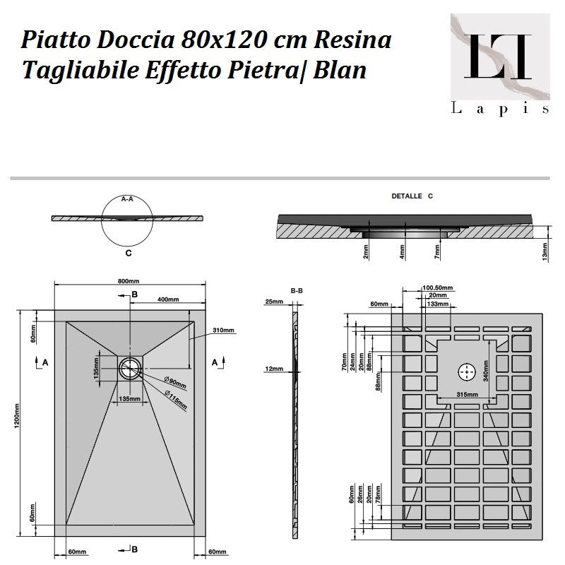Piatto Doccia Resina Grigio 80x120 cm effetto Pietra| Blan