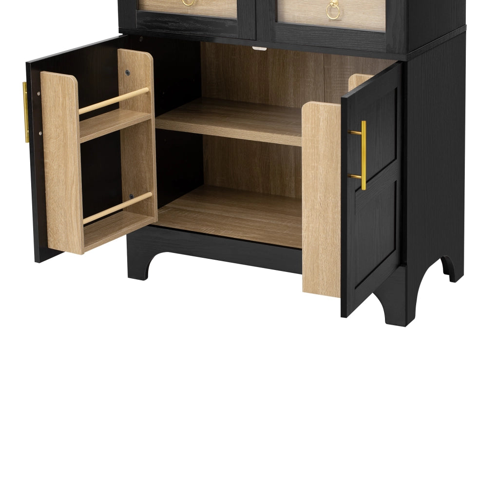 Credenza Alta Nera 180 cm con Ante in Vetro Cannelé; Ripiani Regolabili e Cassetto Portaoggetti per Cucina