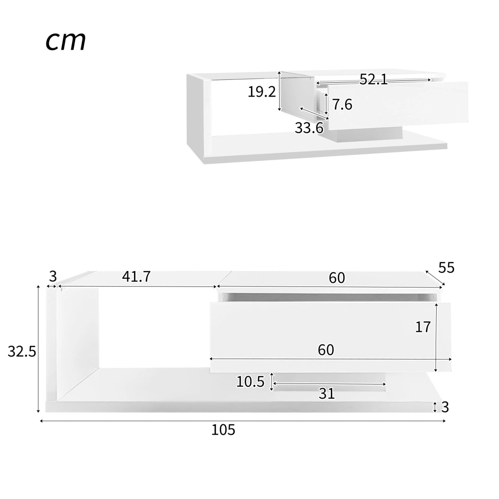 OKWISH Tavolino da Salotto Rettangolare con Vano Portaoggetti e LED, Finitura Lucida, per Soggiorno, 105 x 55 x 32.5 cm, Bianco