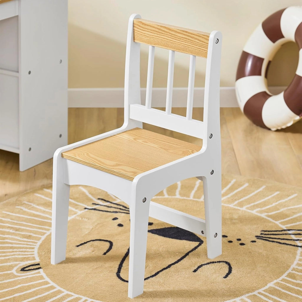 Tavolino Bambini con 1 Sedia, Set Tavolo e Sedie per Bambini Multiattività con 2 Ripiani, Tavolo Disegno e Gioco, Sedia Scrivania Cameretta Bianco e Naturale 80x50x66cm KMB60-WN