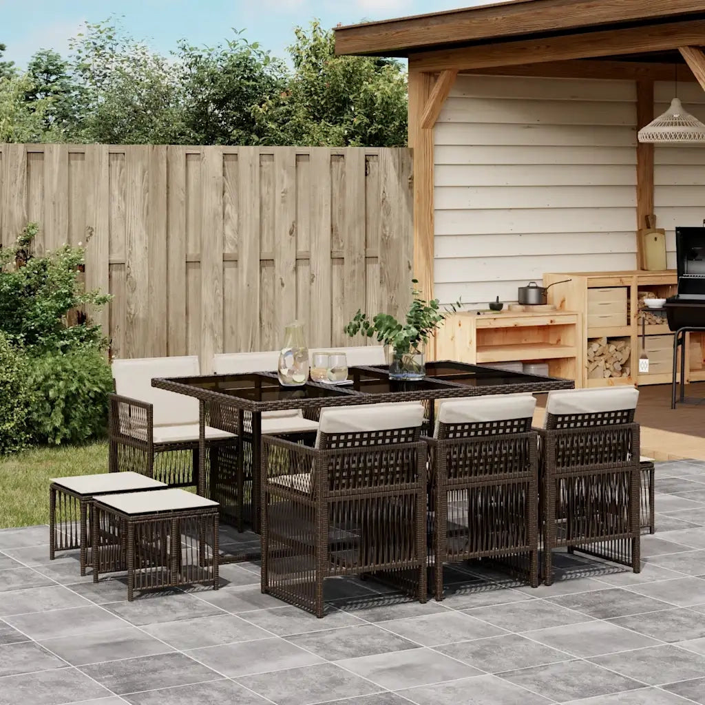 Set da Pranzo da Giardino 11 pz con Cuscini Polyrattan Marrone 3210969