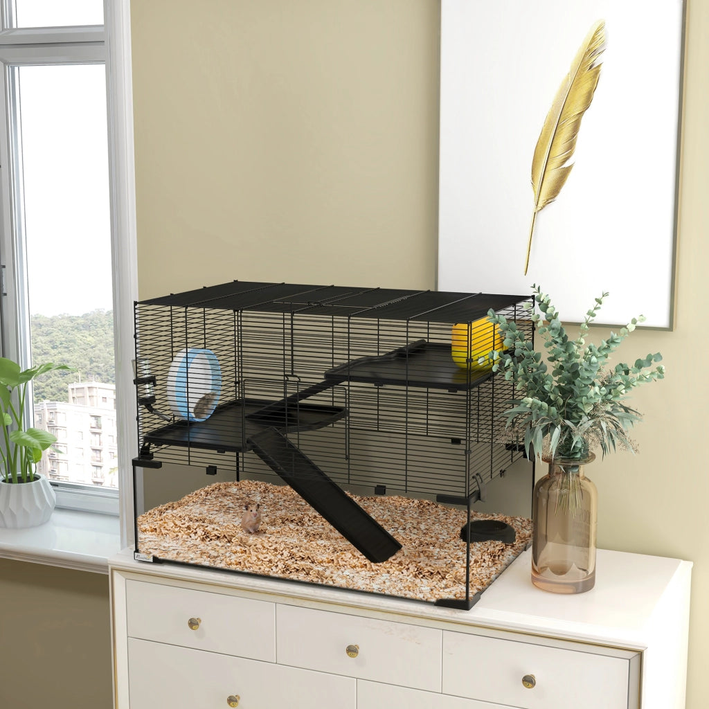 Gabbia per Criceti a 3 Livelli con Ruota ¨C Zephmum ¨C Nero 76.5x48.5x54.5 cm