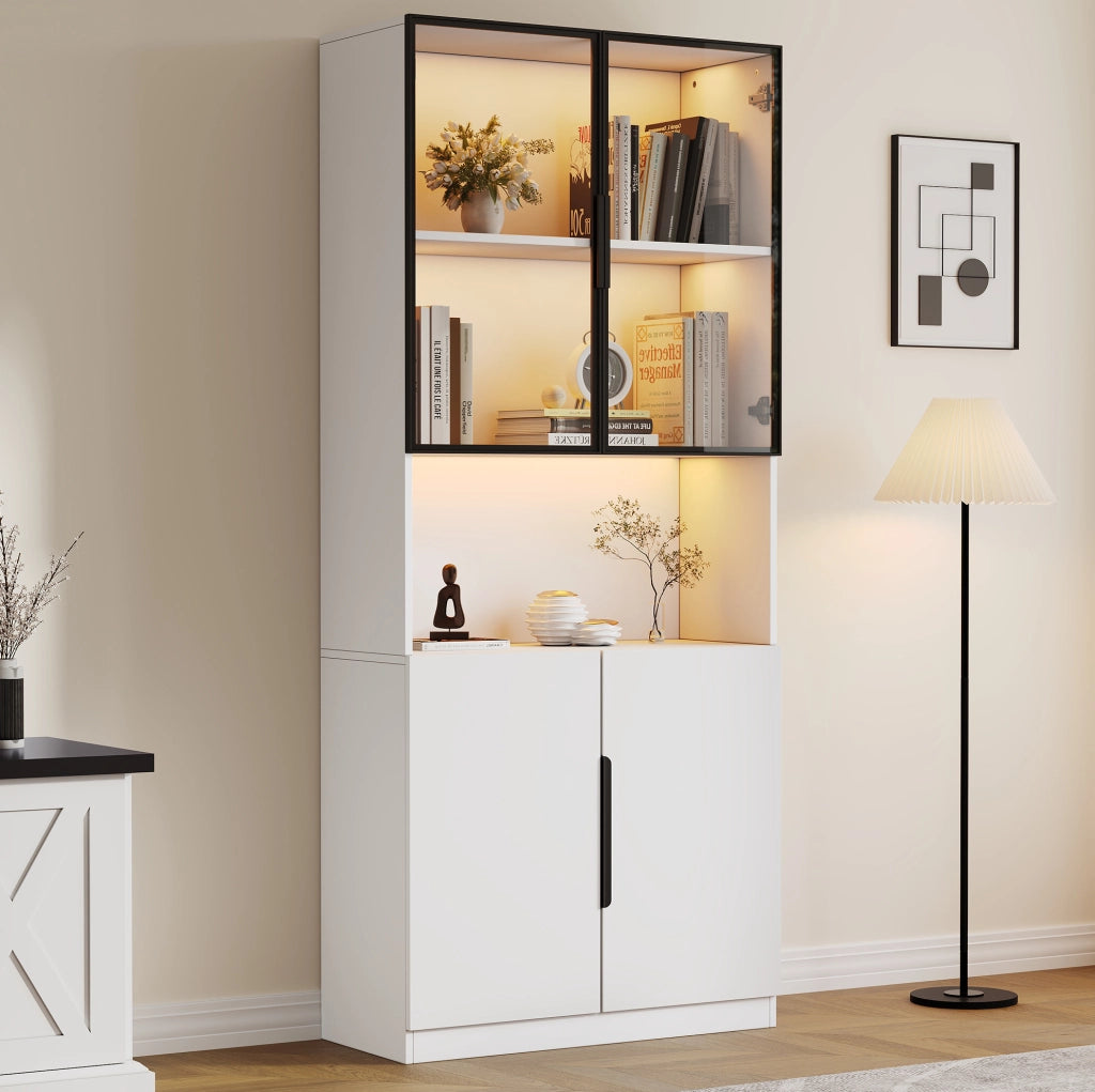Vetrina moderna con ante in vetro e LED; 80 x 30 x 200 cm; bianco