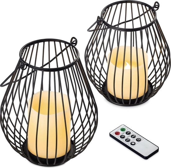 Set di Candele LED con Fiamma Mobili da 2 - Supporto Metallico - Lampada da Tavolo a Batterie - Comando a Distanza - Piccola/Media