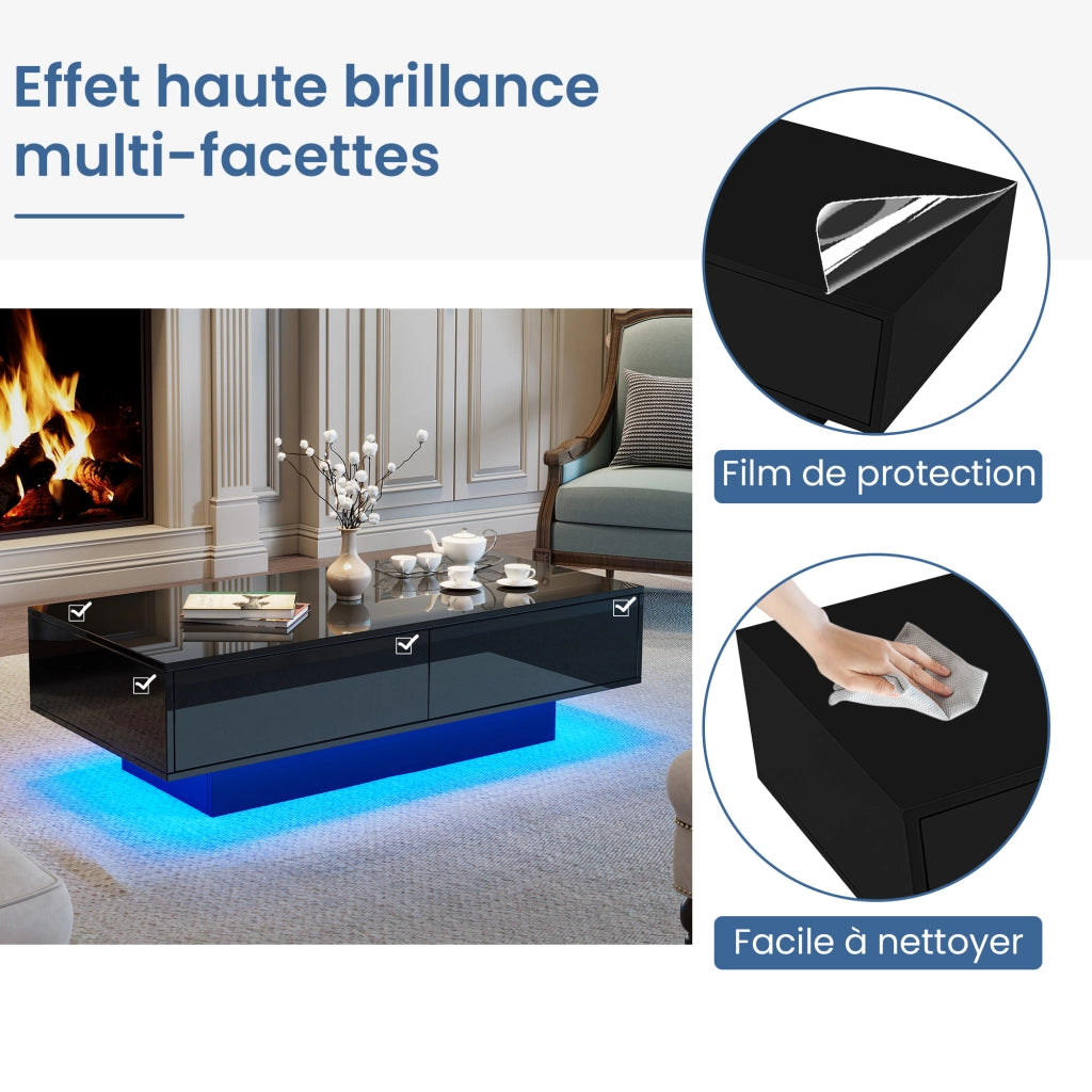 Tavolino da Salotto con 2 Cassetti e LED; Nero Lucido; Stile Moderno; in Pannello di Particelle; 115×55×34 cm