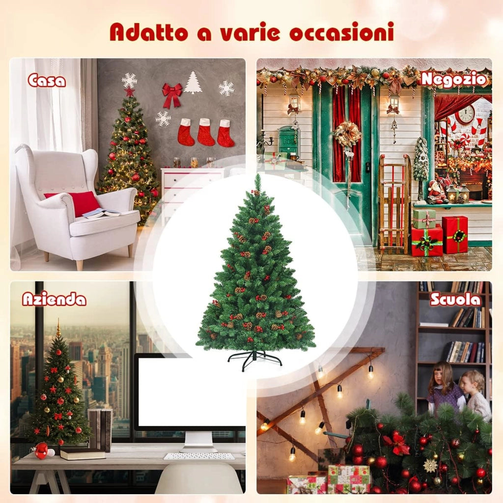 Albero di Natale 135/195 cm, Albero di Natale con 300/450 Luci Incorporate Bianco Caldo, 516/1100 Rami, 32/56 Pigne e 32/56 Bacche Rosse e Base in Metallo, Verde (135cm)