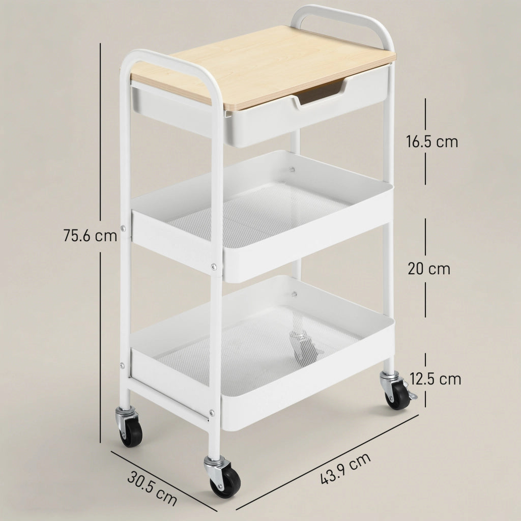 Carrello da Cucina Multiuso con Ruote Girevoli 2 Cesti Cassetto e Piano in Legno Bianco