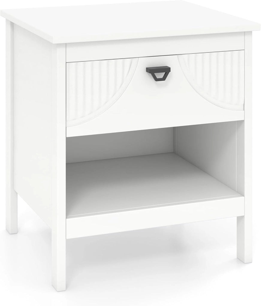 Comodino moderno con cassetto scorrevole, ripiano aperto, pattini antiscivolo, Dsign motivo, tavolino piccolo 45 x 40 x 50 cm, bianco