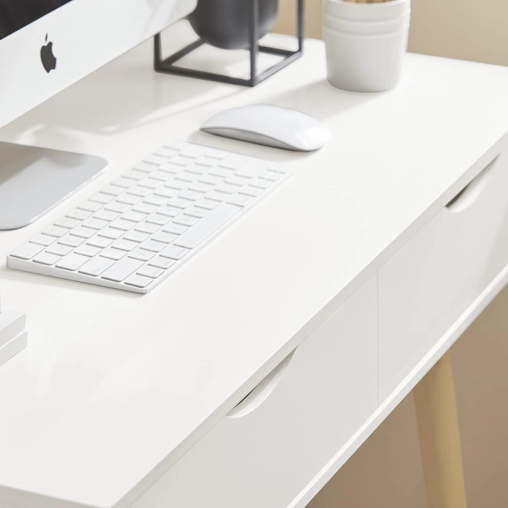 Scrivania con 2 cassetti, Gambe in Legno di Pino, Scrivania Ufficio Compatta, Tavolo da Lavoro per Studio Cameretta e Camera da Letto, L90*P45*A77cm, FWT40-WN