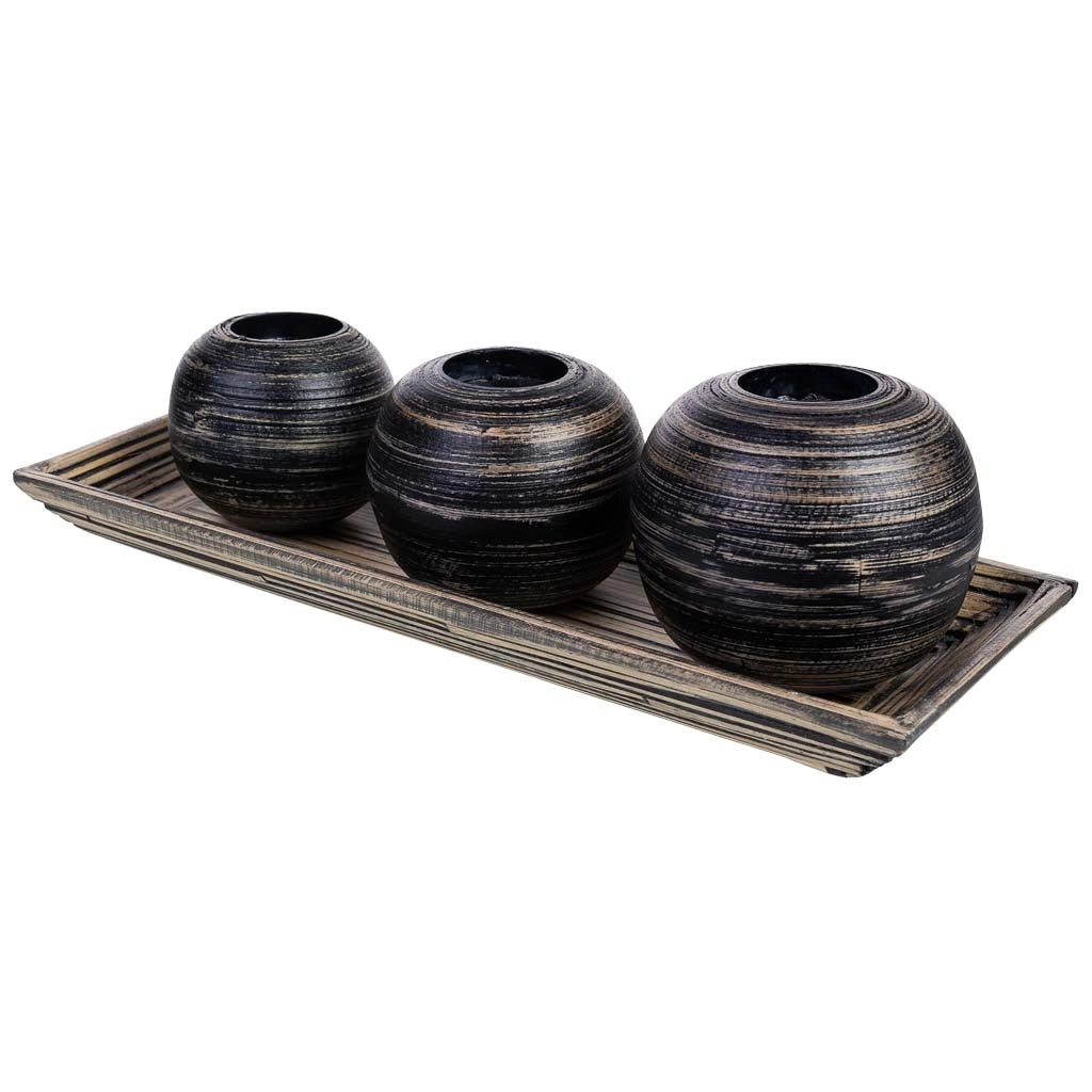 Set vassoio e 3 portacandele in legno di bamboo nero 33x13x3h cm