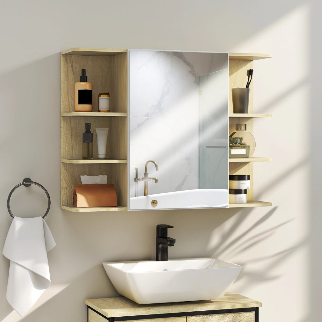 Specchio da Bagno 80x20x59 cm con Armadietto e Ripiani a Giorno Rivestimento in Melamina Color Legno