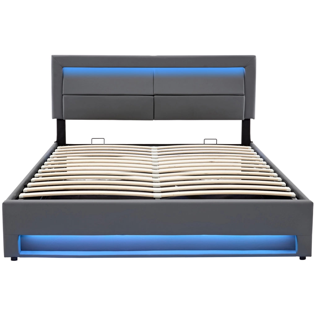 Letto imbottito grigio 140 x 200 cm con LED, USB e vano contenitore