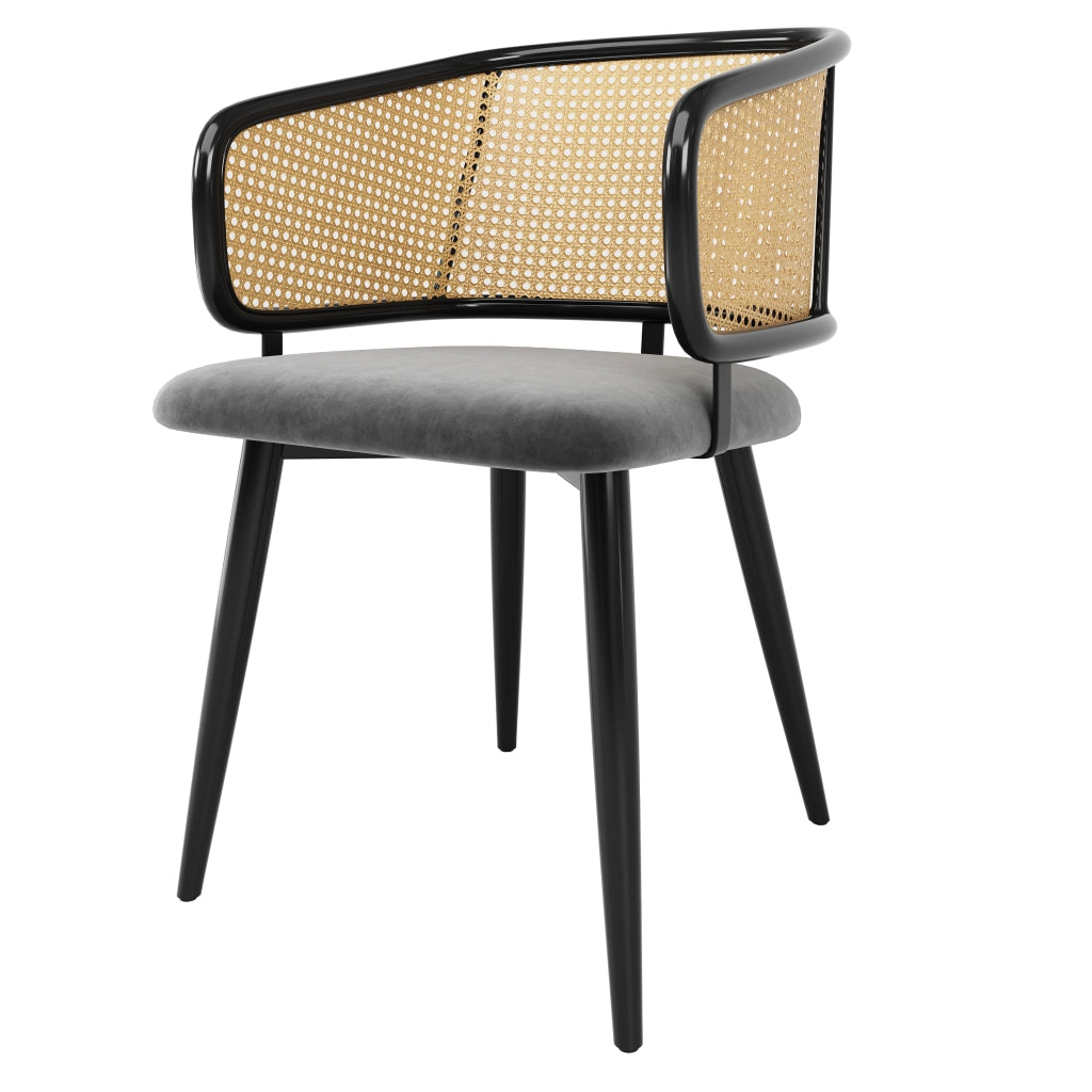 SEDIA da pranzo 47x51x79 cm in velluto grigio con schienale in rattan