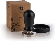 Edizione Barista, compressore di caffè premium, base Ø 53 mm, H: 10 cm, acciaio inossidabile, timbro per caffè espresso per 53 mm contenitore a setole, compressore di caffè con guanto in silicone, manico nero