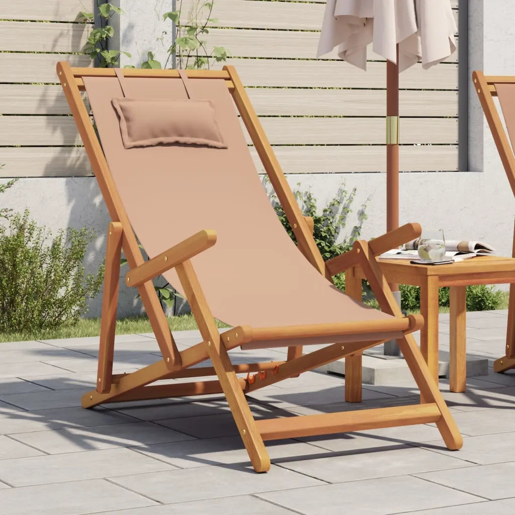 Sedia da Giardino | Sedia da Spiaggia Pieghevole Beige Legno di Eucalipto e Tessuto