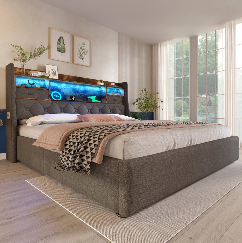 Letto matrimoniale 160x200 cm con contenitore idraulico; LED e prese USB/Type-C; lino grigio