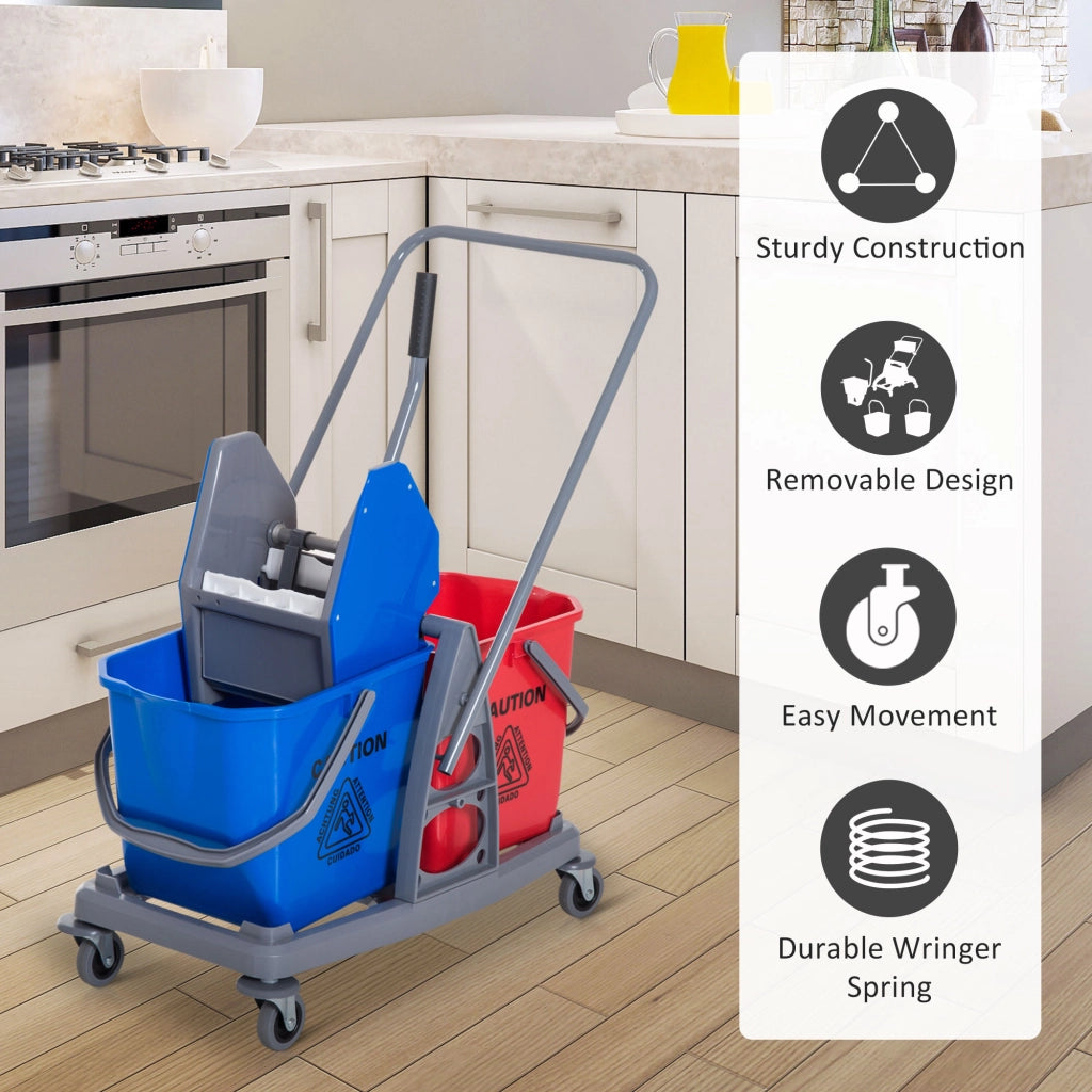 Carrello per la pulizia con 2 secchi e 4 ruote, in metallo/PP, blu/rosso, 73x45x92 cm per una pulizia efficiente.