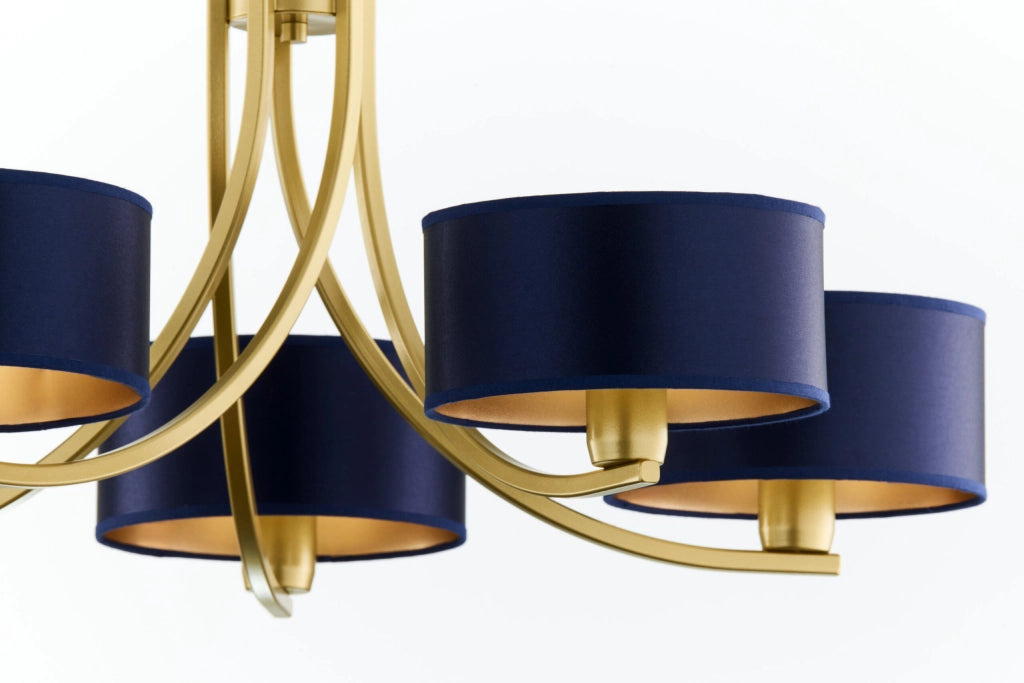 Lampadario oro a catena, paralumi blu 5xE27 Arthur Jupiter