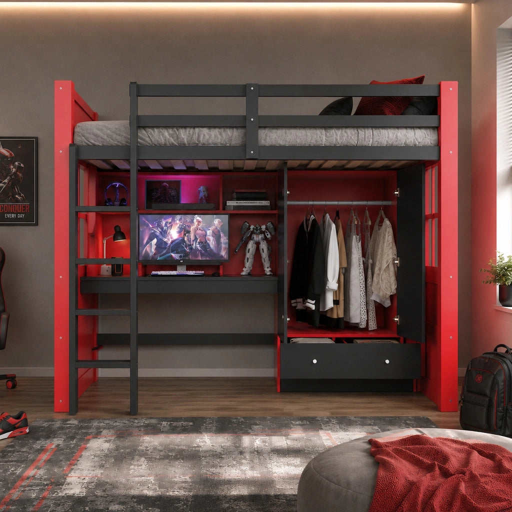 LETTO A CASTELLO 90x200 cm Nero/Rosso con scrivania, armadio e cassetti