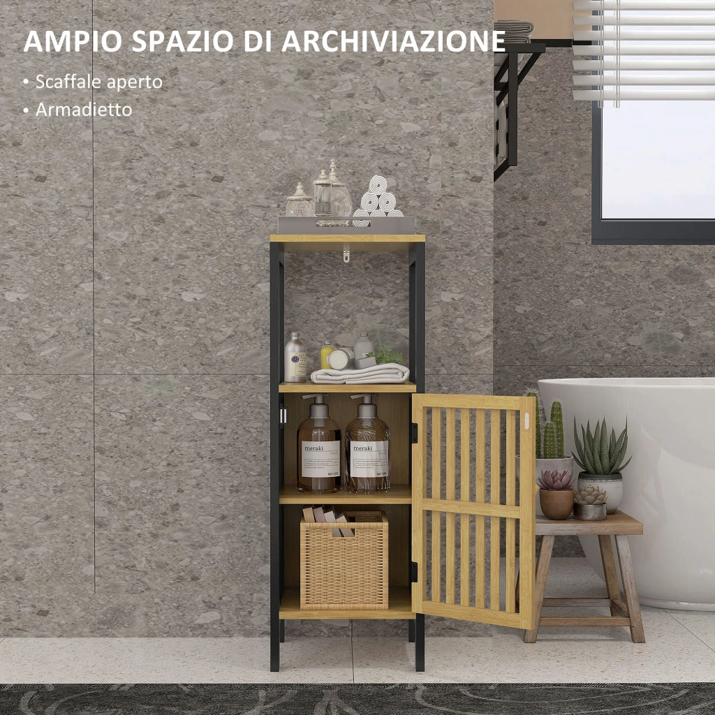 Mobiletto Bagno con Ripiano Aperto e Armadietto, in MDF e Bamb¨´, 32x30x90.5 cm, Nero e color Legno