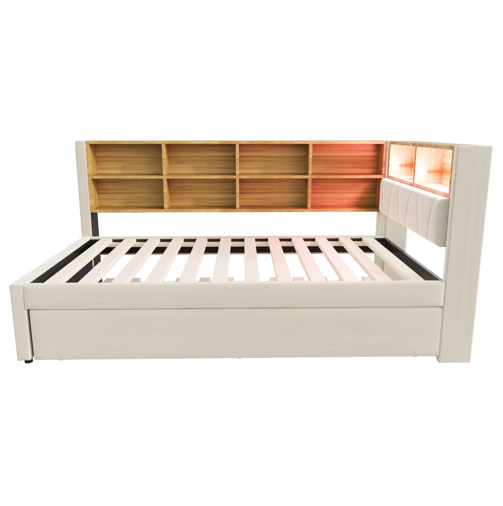 Divano letto 90x200 cm con letto estraibile 90x190 cm, LED e USB-C in flanella beige