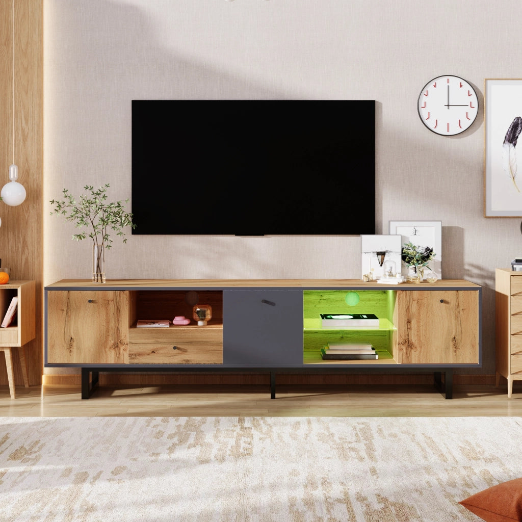 Mobile TV con 3 Ante; 1 Cassetto e 3 Vani e LED; Ripiani in Vetro; Stile Industriale; in Truciolare; Naturale; 190??40??50 cm