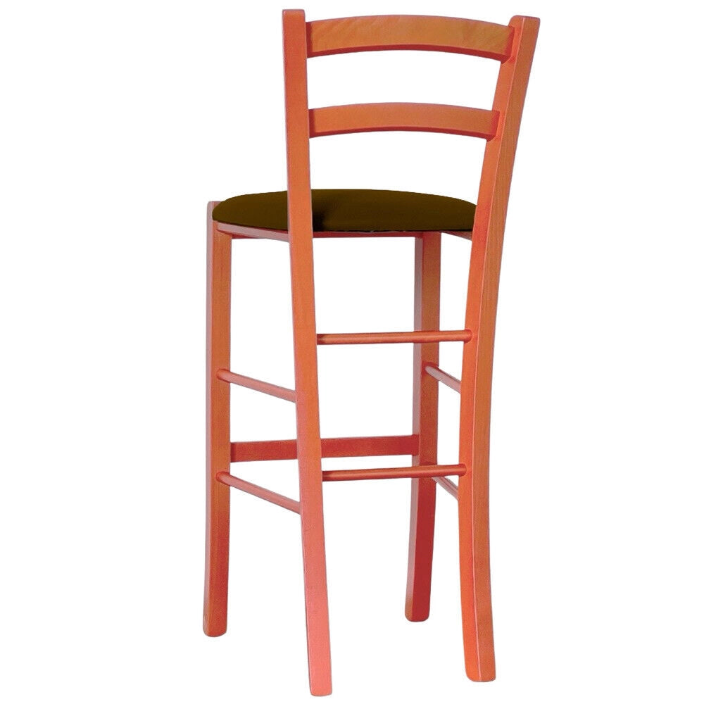Sgabello Alto in Legno arancione h 73 cm Rustico seduta similpelle marrone