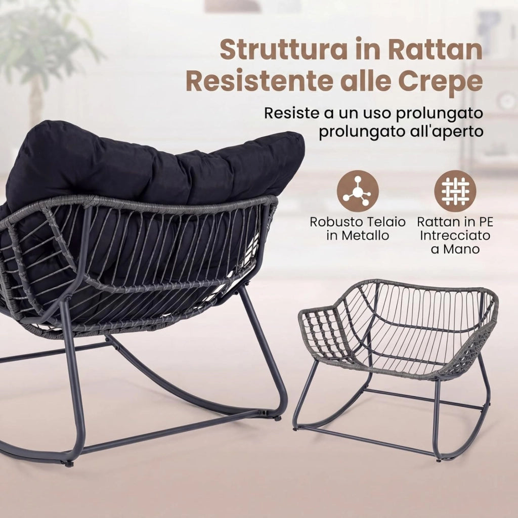 Sedia a Dondolo da Interno ed Esterno, Poltrona a Dondolo con Poggiapiedi e Cuscini Rimovibili, Poltrona Relax in Rattan con Telaio in Metallo per Soggiorno e Giardino, Portata 150 kg (Nero)